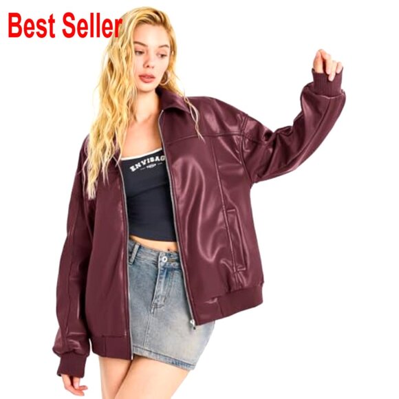 Oversized Faux Leather Bomber Jacket Zip Up Moto Biker Coat - Picture 3 of 7